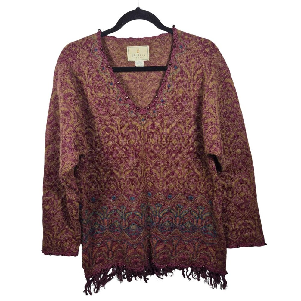 Vtg Express Tricot Sweater Womens Large Boho Tapestry Fringes Ethnic Festival